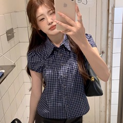 日本のチェック柄半袖シャツ女性の夏のレトロなポロカラーベビードールシャツスリムショートパフスリーブシャツトップ