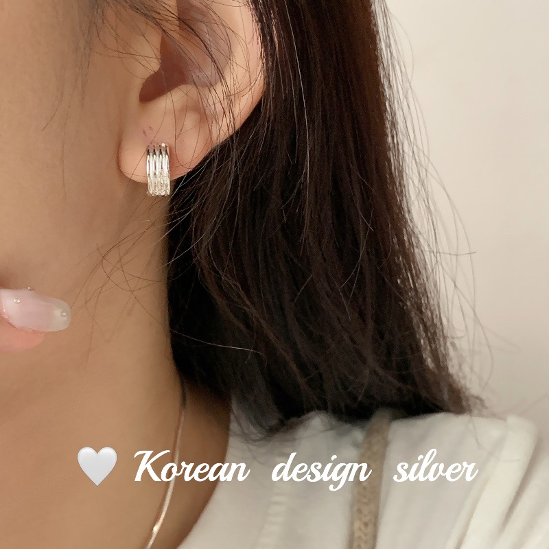 韓國小眾設計飾品 S925純銀環形線條耳扣 高級時尚2024新款耳環