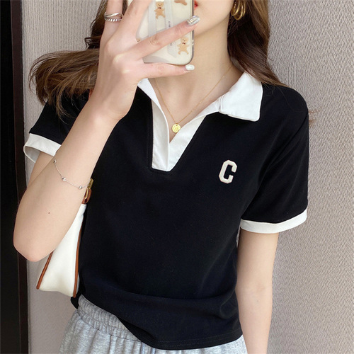 Plus-size women's polo shirt with straight shoulders, short-sleeved T-shirt, 2025 summer, for plus-size women, hides the stomach and creates a slimmer look, V-neck top