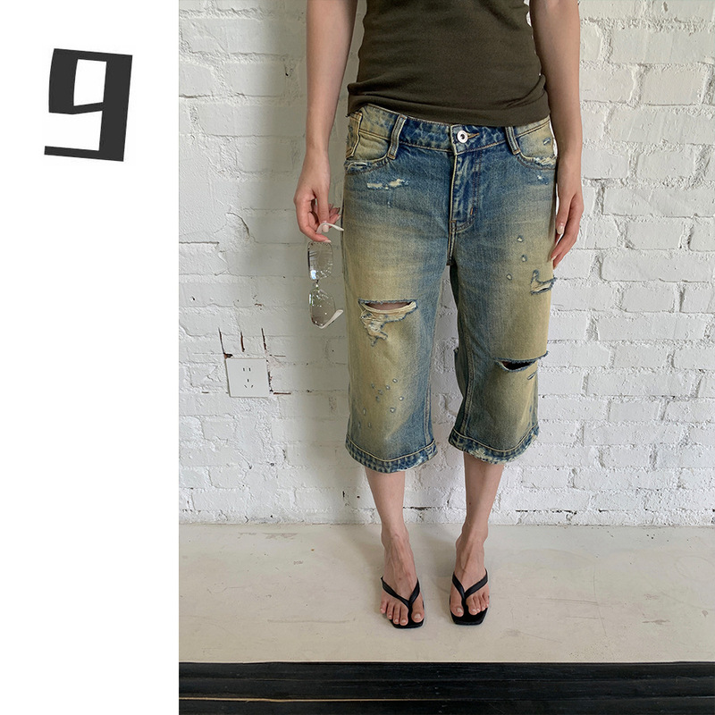 [9Hour] Fashionable and Unique Ripped Denim Mid-Pants for Women 2025 Summer Retro Frayed Straight Pants for Women Hc1296
