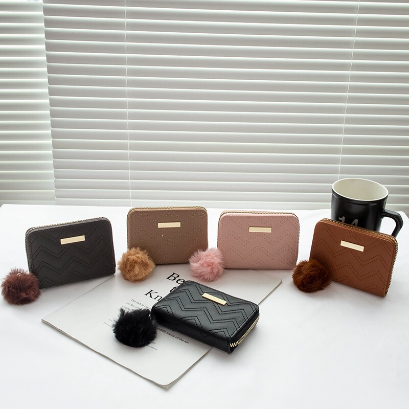 Women's Short Wallet 2022 New Model with Wave Pattern Embroidery and Furry Ball Pendant, Casual Fresh Small Card Holder