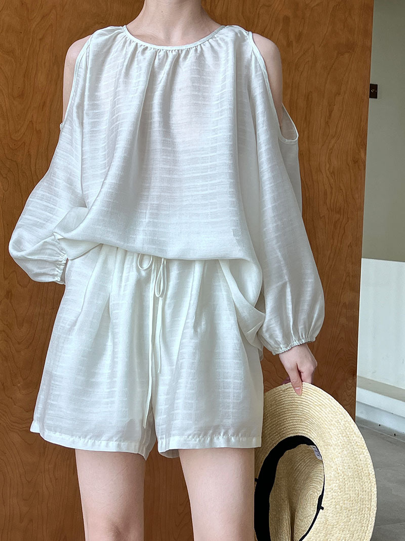 Texture Hollow Out Cutout Out Shoulder Baring Sun Protection Tencel Top Shorts Two Piece Set Suit Summer