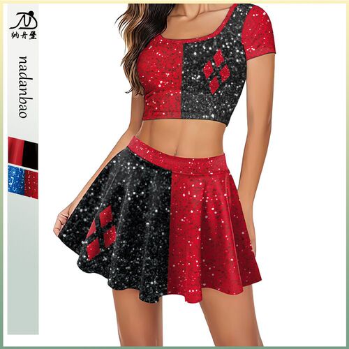 Cos costume clown female cheerleader pleated skirt suit digital printed short skirt women's casual short-sleeved half-body skirt