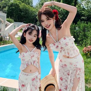 Parent-Child Mother-Daughter Swimsuit Women's Skirt Split Bikini Slimming Look Middle and Large Children Hot Spring Vacation Parent-Child Swimwear Summer