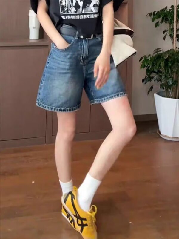 Blue Retro Denim Shorts for Women, Summer Thin Plus Size, Petite High-Waisted Slimming A-Line Wide-Leg Hot Pants