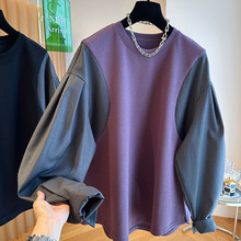 设计感宽松衬衫袖子拼接圆领套头紫色卫衣女春秋今年流行漂亮上衣