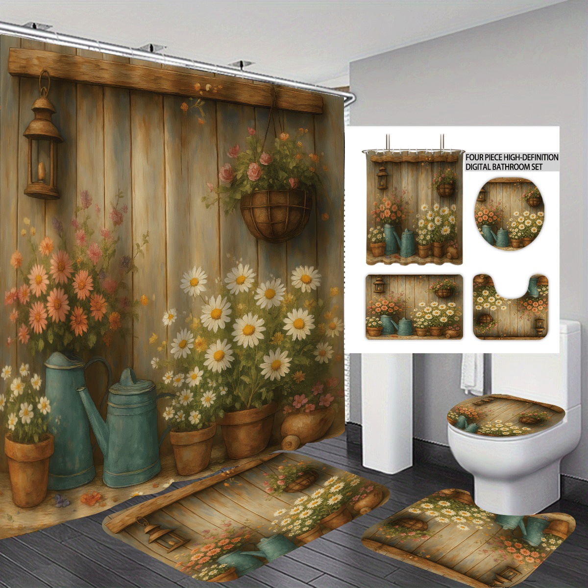 Agente de poliéster Mei Ke más cortina de baño impermeable serie de agua floral 3D impresión digital cortina de baño cuatro piezas alfombra absorbente