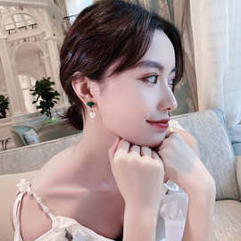 S925银针韩国银杏绿叶珍珠耳环小清新森系少女优雅耳钉耳饰品批发