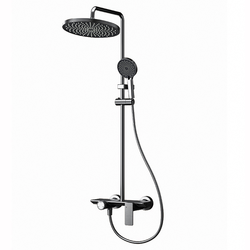 Conjunto de ducha completo con interruptor de perilla de aluminio espacial, color gris plomo, diseño redondo y oculto.