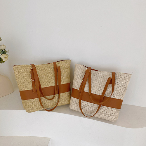 2024 Summer New Casual Woven Shoulder Grass Weave Bag Simple Trendy Handheld Tote Bag for Women Large Capacity Bag