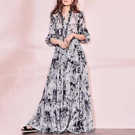 欧洲站2023秋季新款女装立领长袖水墨花卉印花木耳边名媛连衣裙女