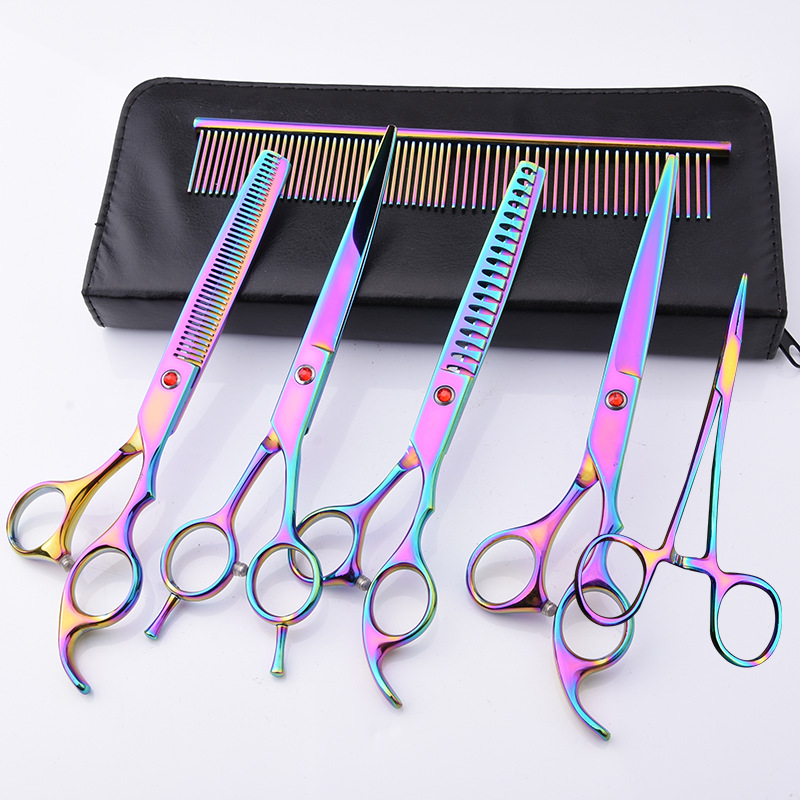 Directo de fábrica de acero inoxidable de 7 pulgadas para mascotas tijeras de belleza profesional de corte de pelo de perro tijeras curvas Teddy adelgazamiento tijeras traje