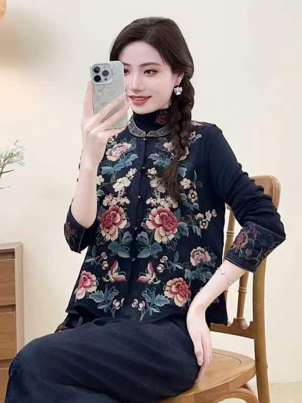 国风重工刺绣女缎面坎肩2025春秋季女式民族风珠扣带里布两码马甲|undefined