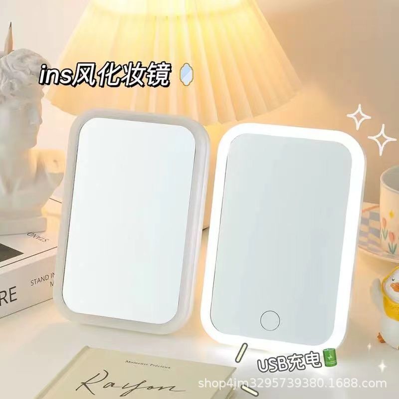 Espejo de maquillaje espejo de luz LED pequeño espejo para dormitorio de estudiantes escritorio hogar ins alto aspecto escritorio grande con luz