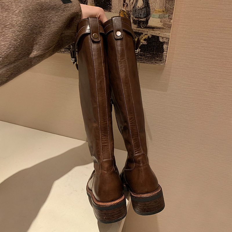 Sheepskin Version ~ Wide Pleated Small Gold Buckle Thick-Soled Long Boots for Women, Chunky Heel Long Boots, High Boots, Stiletto Heel Riding Boots