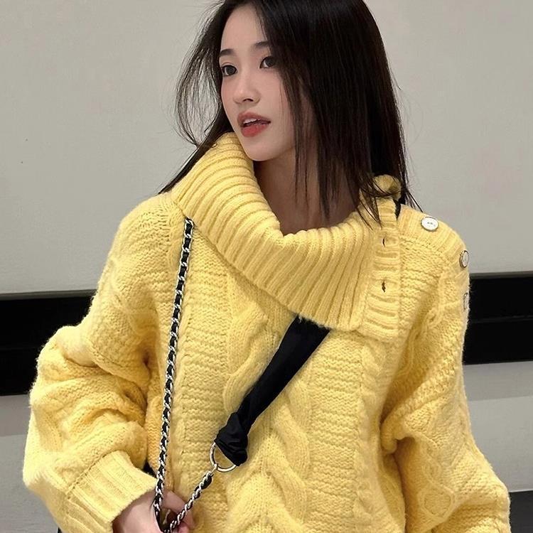 Twist Knit Sweater Yellow Turn-Down Collar Sweater Coat for Women Korean Style Gentle Goose Autumn and Winter Thickened Lazy Fashion Top