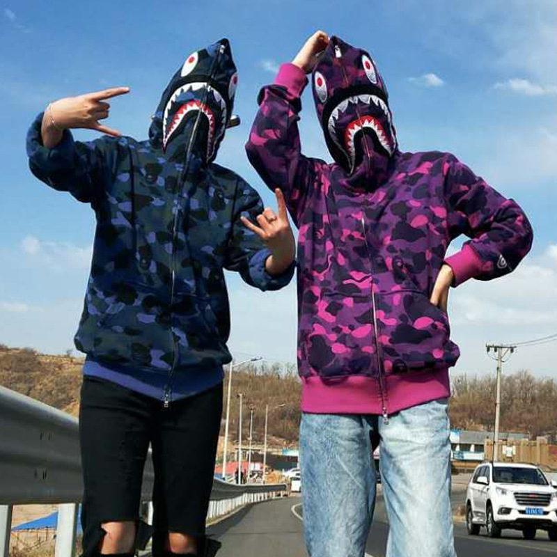 ins サメジャケットトレンディなブランドルーズ刺繍フード付きジッパートレーナー発光迷彩ジョイント男性と女性のカップル学生|undefined