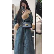 狐狸大毛领牛仔派克服连衣裙女冬收腰显瘦毛毛袖夹棉加厚复古棉服
