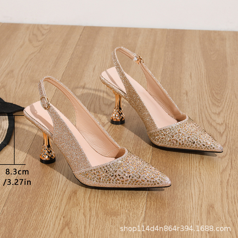 In-Stock New Ultra-Shiny Gold Diamond Pointed High-Heeled Women's Shoes with a High-End Feel, Versatile High-Heeled Sandals