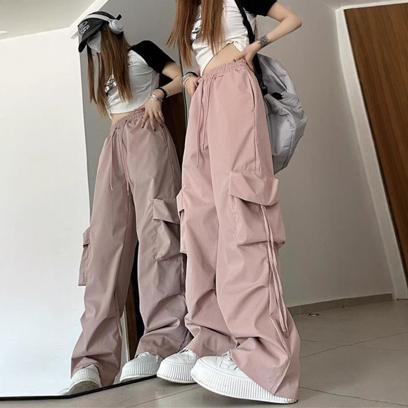夏アメリカントレンドレトロ速乾性ワークウェアカジュアルパンツレディースハイウエストストレートリボンルーズフロアレングスワイドレッグパンツ|undefined