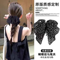 フレンチレトロ水玉黒リボンクリップ女性のための 2025 新しいハイエンドハーフタイヘアピンヘアピン帽子