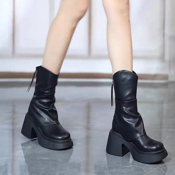 2023 autumn and winter new fleece-lined thick warm patent leather high heel chunky heel women's shoes boots leather boots short boots fashion boots