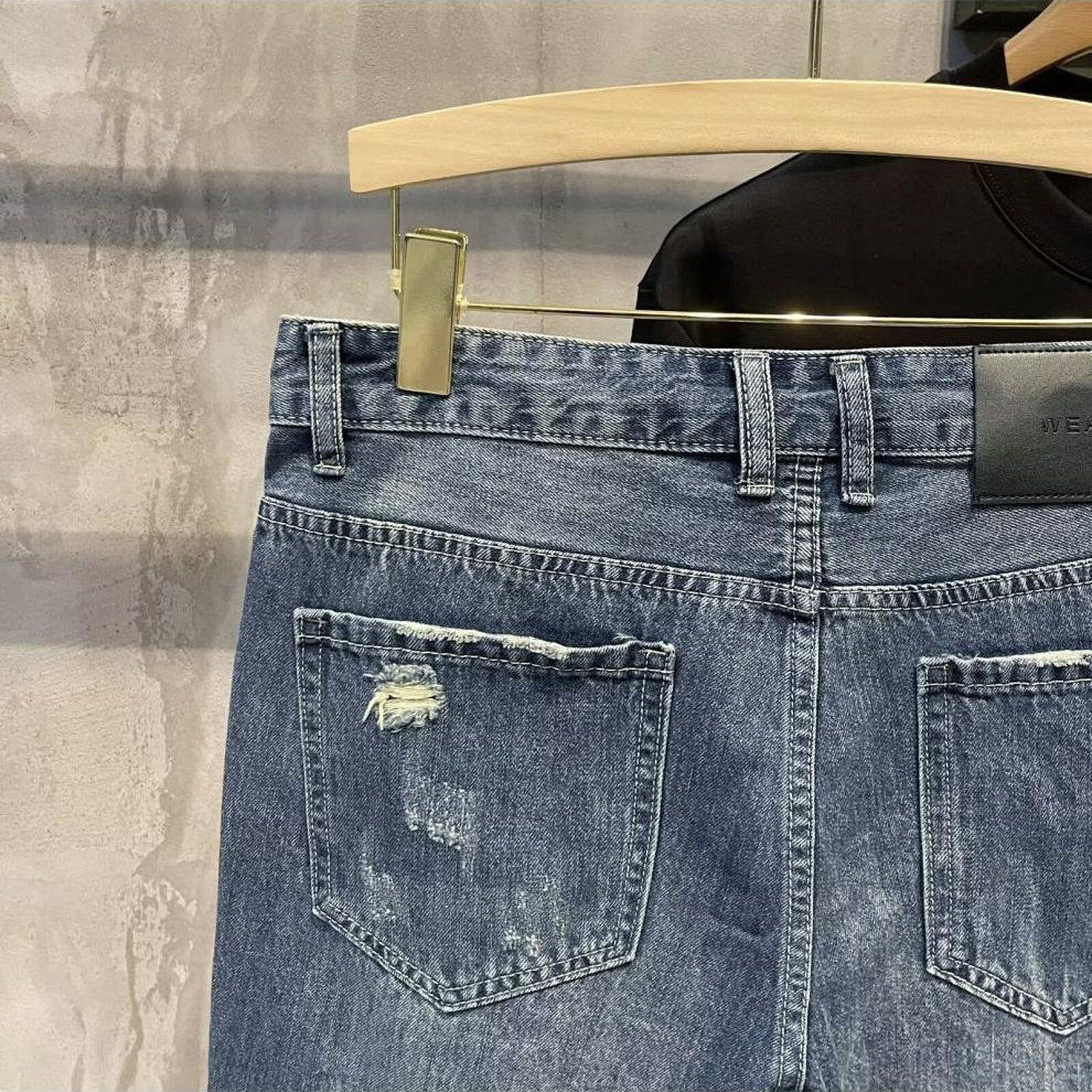 Men's Ripped Denim Shorts Casual Loose Fit Washed Perforated Straight Leg Mid Waist Trendy Summer Style Cotton Five Point Pants_mkmklike.com