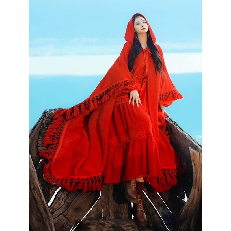 Бордовый тренч из провинции Цинхай с капюшоном, oversize