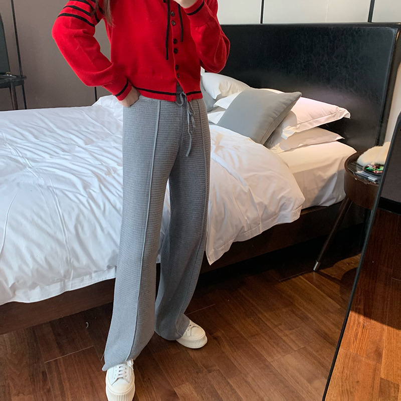 White waffle pattern knitted wide-leg pants for women winter 2020 spring high waist drape all-match loose straight pants fashion