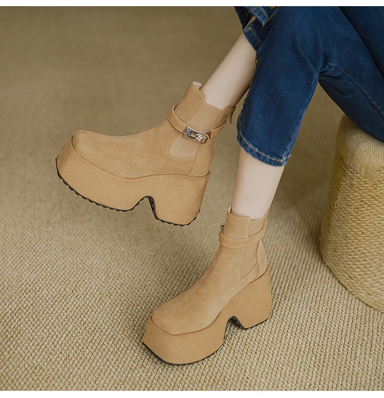 Boot Chelsea nữ cổ thun đế xuồng gót vuông mũi vuông phong cách bụi — Lót đơn màu hạnh chi tiết 7