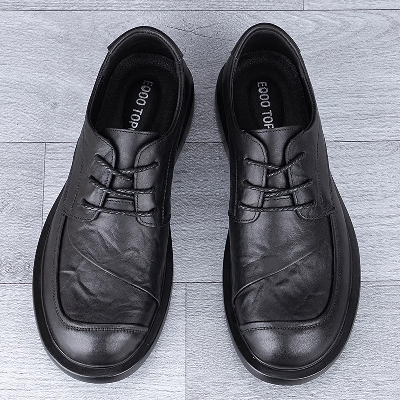 Genuine Leather Men's Shoes Top Layer Cowhide Soft Bottom Soft Surface Thick Bottom Lace-up Round Head Men's Fashionable Personalized Business Casual Leather Shoes