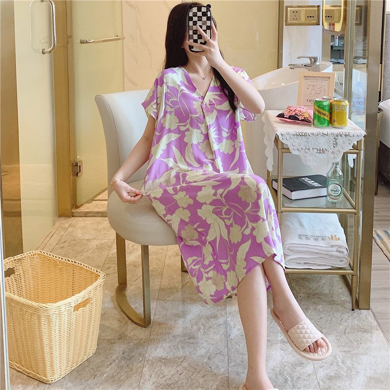 Camisón de seda de algodón para mujer verano nuevo Pijama estampado de dibujos animados de manga corta estilo coreano más tamaño ropa para el hogar suelta de seda de algodón delgada