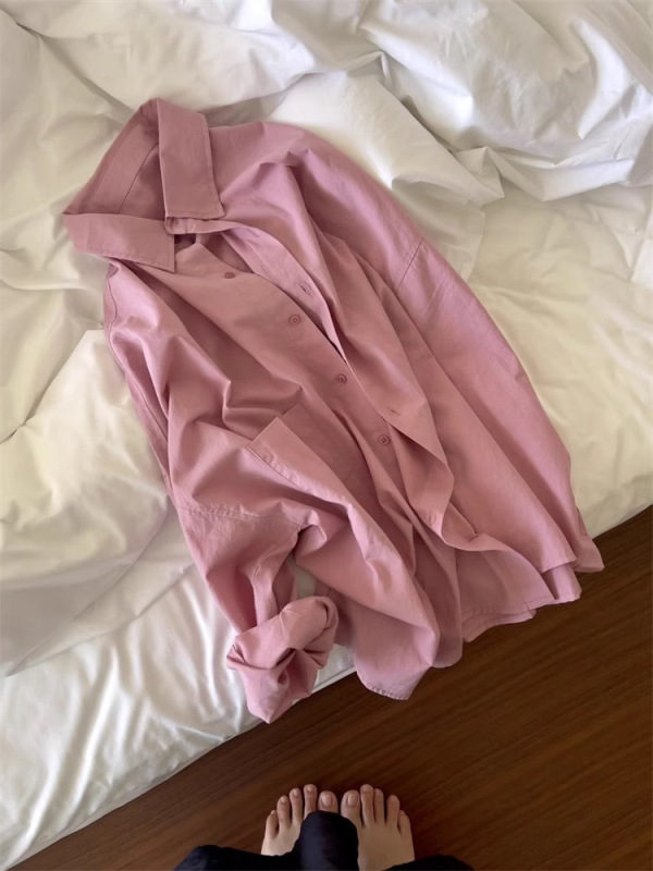 靓依轩韩系树莓粉长袖衬衫女早秋新款薄款慵懒宽松休闲衬衣外套女|undefined