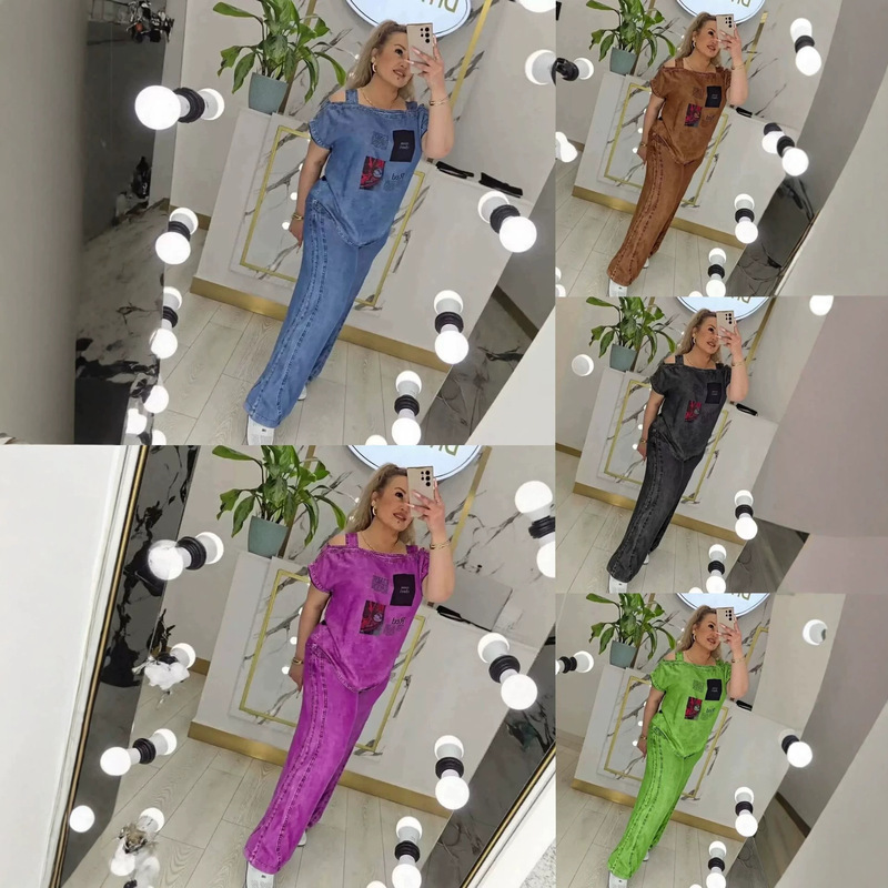 2026 New European and American Style Faux Denim Short-Sleeve Off-Shoulder Top with Retro Print and Fashionable Wide-Leg Pants Casual Women's Set 2026 New European and American Style Faux Denim Short-Sleeve Off-Shoulder Top with Retro Print and Fashionable Wide-Leg Pants Casual Women's Set