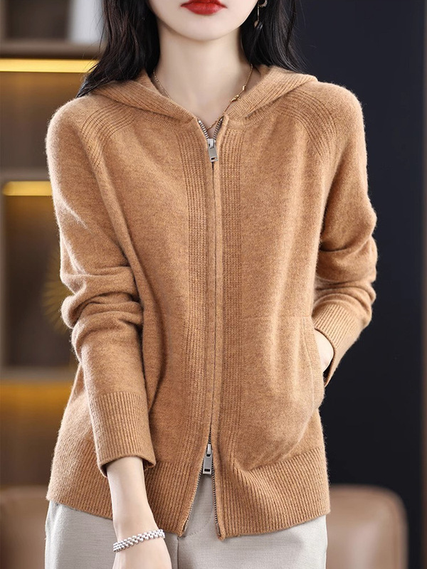 Hooded Sweatshirt Wool Cardigan Women's Spring & Fall New Cashmere Sweater Zipper Knitted Bottoming Shirt Large Size Jacket Top
