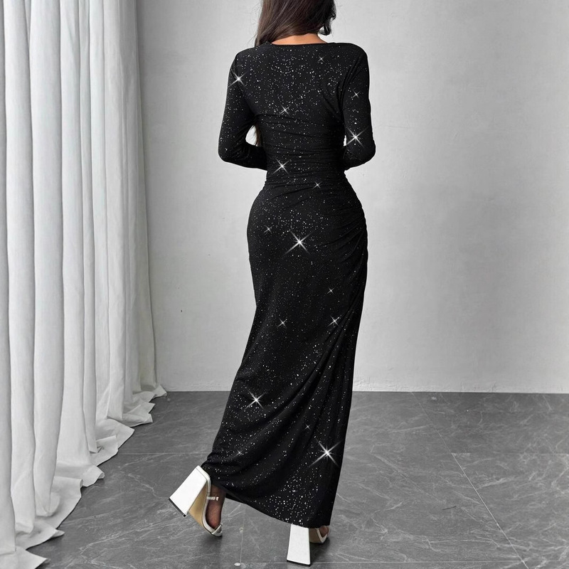Black Extra Long Dress Stretch Mesh Fabric Fashionable Sexy Pleated Star Pattern 3D Digital Printing Dz