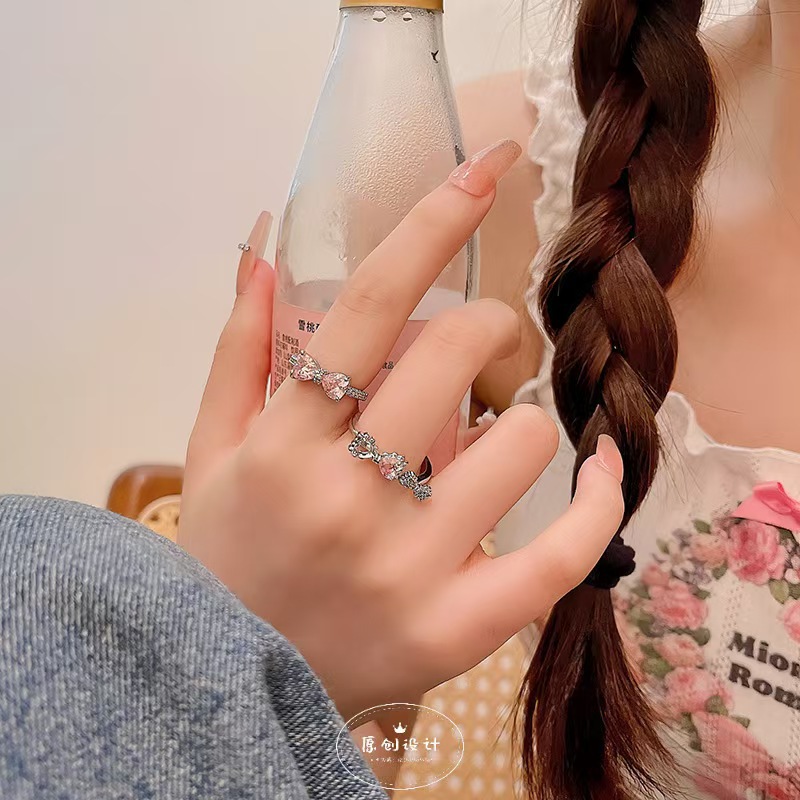 Süße elegante rosa Zirkonia-Schmetterlingsring, verstellbar, offene Größe, Zeigefingerring, koreanischer Luxus-Nischenring