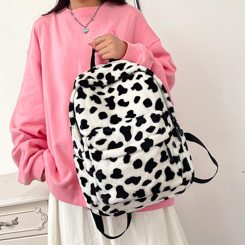 Soft Plush Large Capacity Backpack with Leopard and Cow Print, High-Quality Appearance, Autumn/Winter Hairy Bag for Girls, Cute Casual Dual-Shoulder Bag