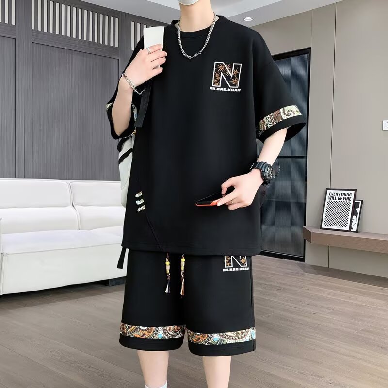2025 New Summer Style Chinese Style Fashionable Casual Men's Suit Round Neck Short-Sleeved T-Shirt Shorts Two-Piece Set Trendy