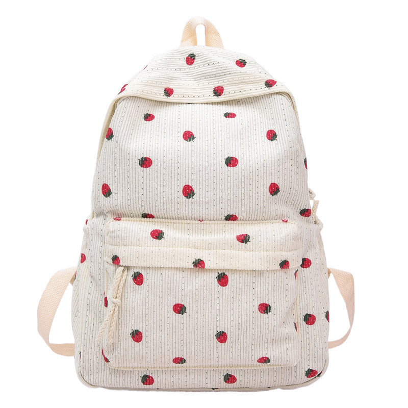 Cross-Border New Corduroy Strawberry Backpack for Primary and Secondary School Girls, Fashionable and Versatile College Style Backpack for Women