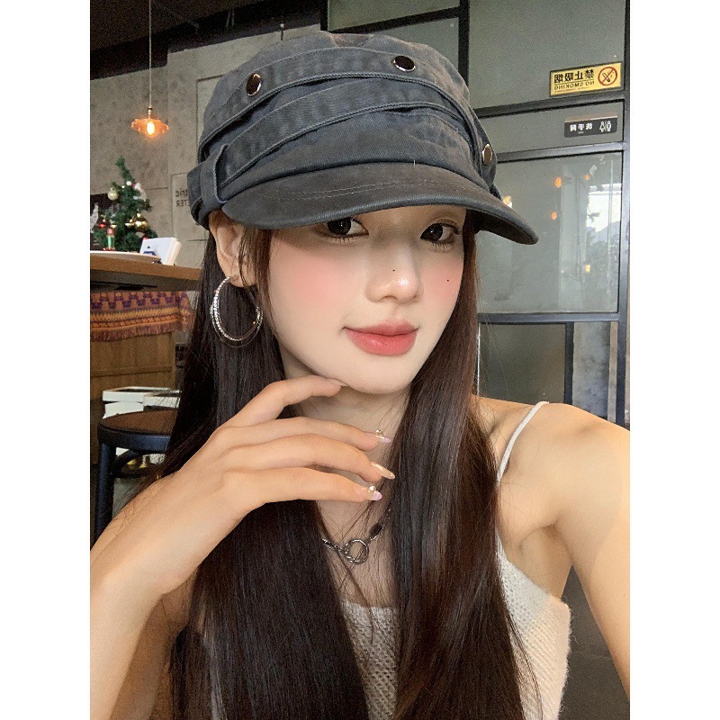美式复古做旧铆钉平顶鸭舌帽女高级感气质休闲百搭显脸小马术帽子|undefined