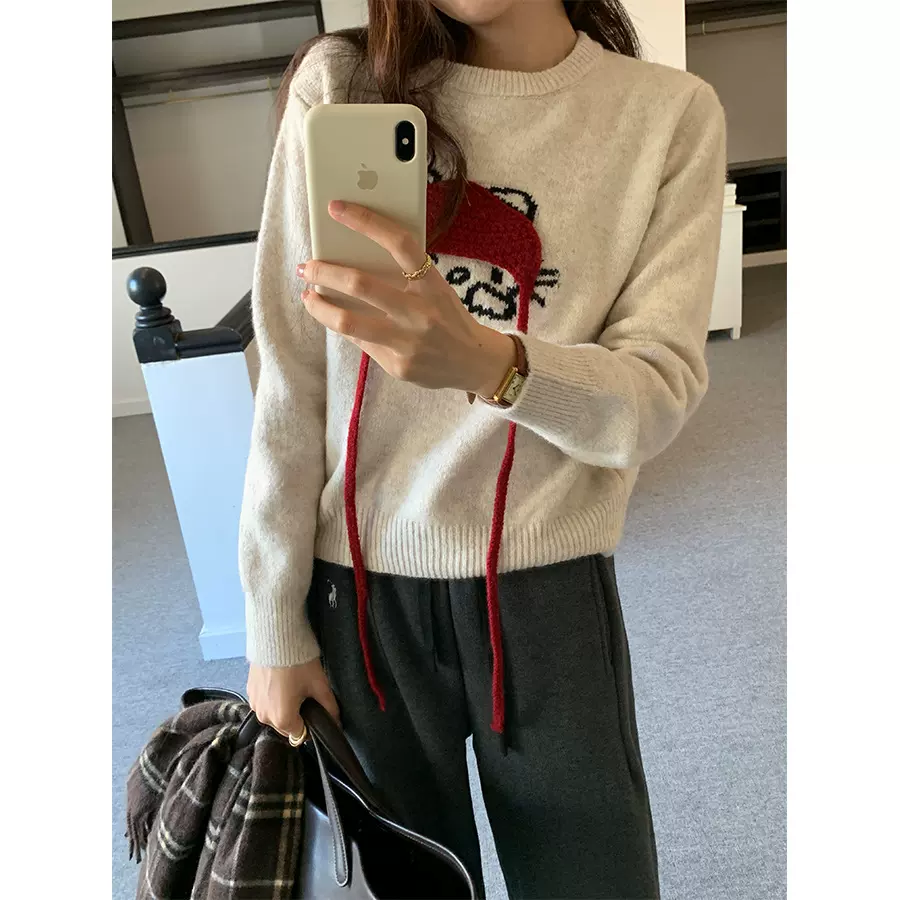 黄峥氛围感立体猫咪帽毛衣女冬季减龄保暖套头毛织内搭上衣541132