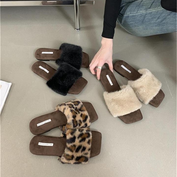 Leopardo francés con zapatos de lana de conejo de invierno nuevos zapatos planos de dedos abiertos calientes 35 - 43 tamaño grande trapezo transfronterizo