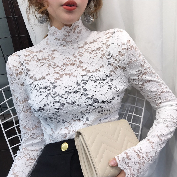 Vintage High-Neck Slim-Fit Lace Top for Women, Korean Style, Elegant Tight-Fitting Long-Sleeve T-Shirt with Hollow-Out Design, Exquisite Base Layer Wholesale