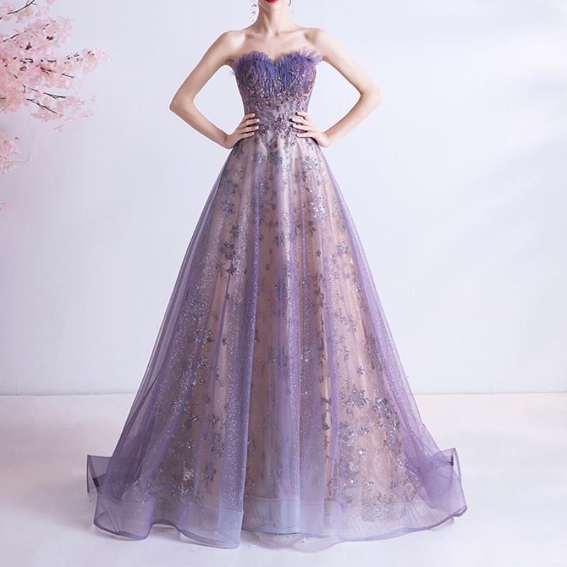 Graduation Evening Dress 2026 New Sexy Strapless Purple Sequin Starry Sky Dress Wedding Bride Art Exam Performance Dress