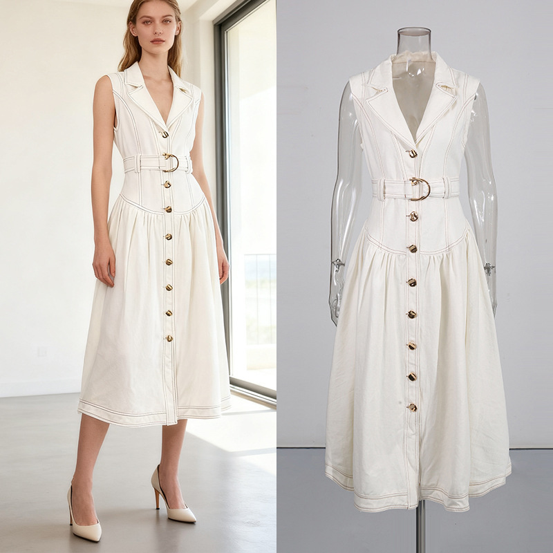 Hong Kong Style Retro Denim Long Dress 2026 Summer New Women's Fashion Turn-Down Collar Sleeveless Belt Cinched Waist Ruffle Dress
