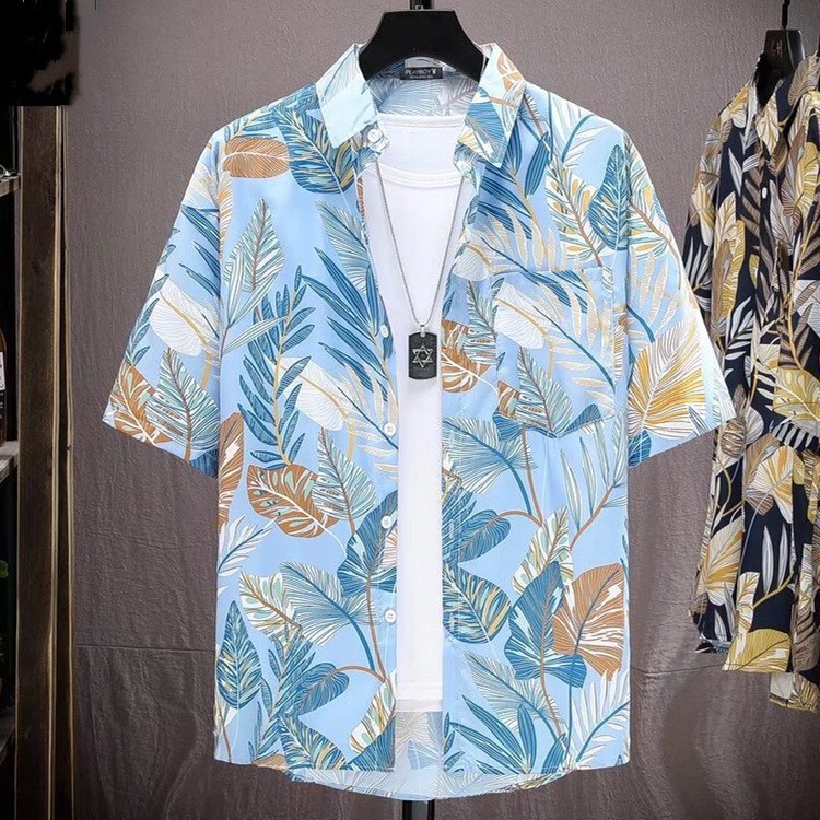 New Style Flower Shirt Men's Short-sleeved Summer Puffy Handsome Hawaiian Thin Retro Beach Shirt T Cross-border for Teenagers