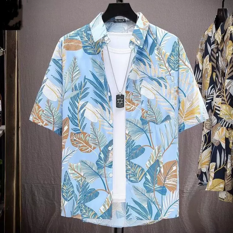 新款花衬衫男士短袖夏季痞帅夏威夷薄款青少年复古沙滩衬衣T跨境