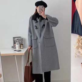 2025新款牛角扣毛呢大衣女中长款韩版宽松氛围感赫本风呢子外套女