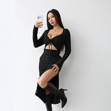 亚马逊跨境欧美女装针织衫秋冬连衣裙收腰显瘦高级感长袖连衣长裙